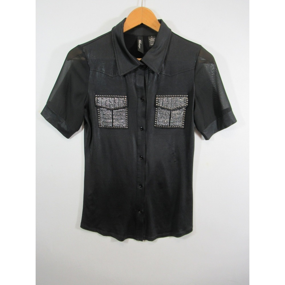 BKE Boutique Embellished Top Women Small Black Short Sleeve Shimmer Rocker Club